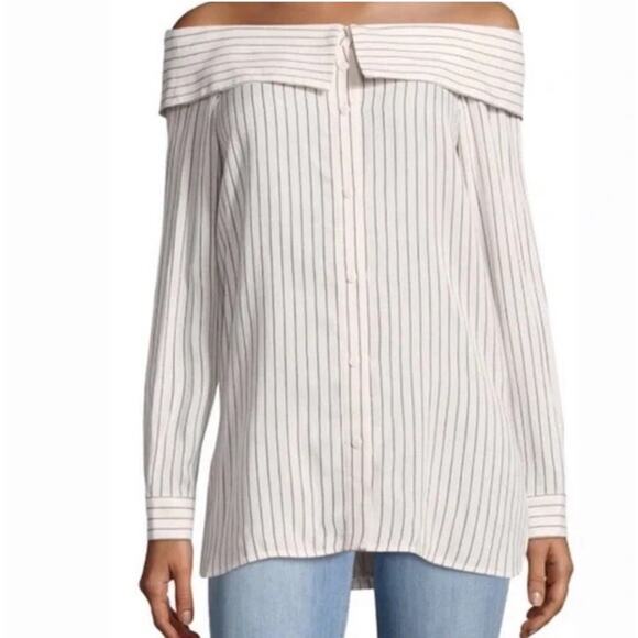 Tibi Frederic Off Shoulder Top Cotton Button Striped Beige Gray Women’s Size 10 - Picture 1 of 9
